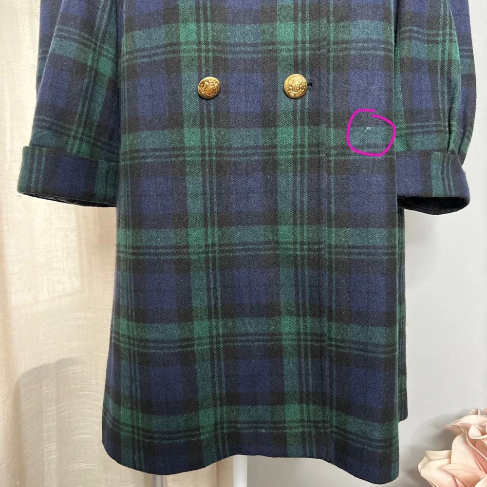 Y2K Vintage Betsey Johnson Plaid Wool Jacket 3/4 Sleeves Green USA Women's 6‎
